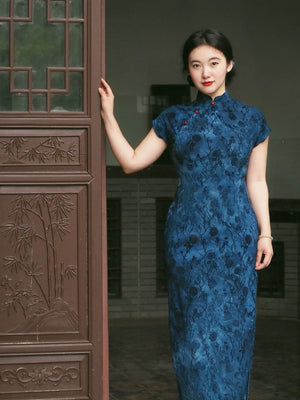 Plus Size Navy Blue Qipao Dress – New Chinese Style Short-Sleeve Cheongsam for Daily Wear, Flattering & Elegant - Yandan_Hanfu