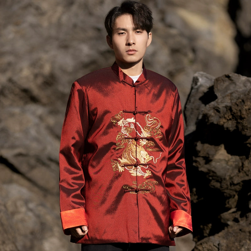 Chinese style dragon pattern embroidery retro Tang suit men's buckle winter cotton-padded jacket