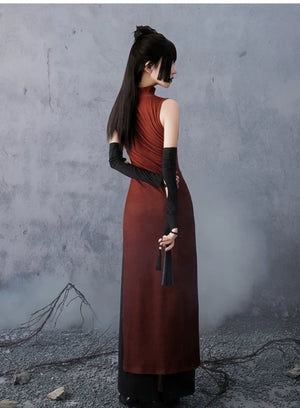 Scarlet Orchid – High-Slit Qipao Dress | Red Mandarin Collar New Chinese Style Slim Fit Gown - Yandan_Hanfu