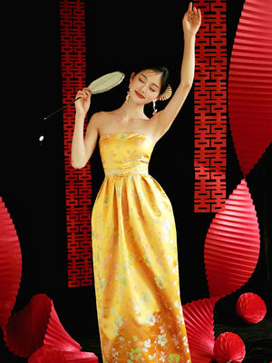 "Yunjing" yellow jacquard pregnant woman cheongsam bride toast dress - Yandan_Hanfu
