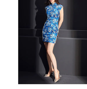 Hot stamping printing ukiyo-e painting wave blue short cheongsam - Yandan_Hanfu