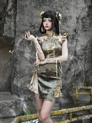 Spring Dragon Festival, Embroidered Short Cheongsam Dress Halloween - Yandan_Hanfu