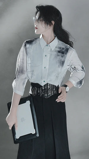 Clivia ink shirt Chinese fashion new Chinese element pants summer suit - Yandan_Hanfu