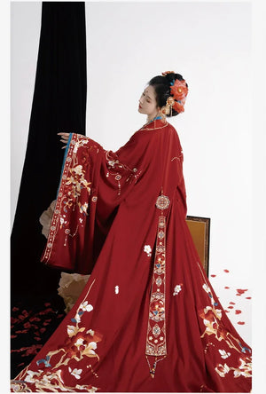 Authentic Tang-Style Bridal Hanfu – Custom Embroidered Red Gown with Flowing Grand Sleeves - Yandan_Hanfu