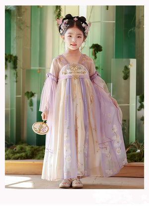 Elegant Tang Dynasty Purple Hanfu girls summer dress with sheer sleeves and floral embroidery, perfect for cultural events and summer photos.