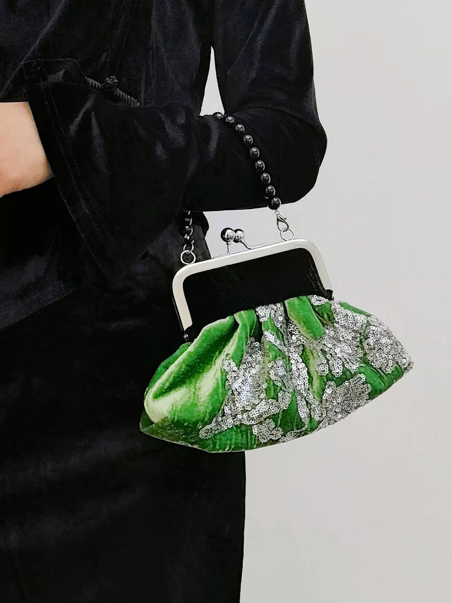 Original "Silver Pine" New Chinese style, retro temperament, advanced sense, sequined silk velvet handbag