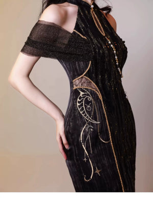 Aries Goldflow – Textured Satin Mermaid Qipao Dress from the Zodiac Collection - Yandan_Hanfu