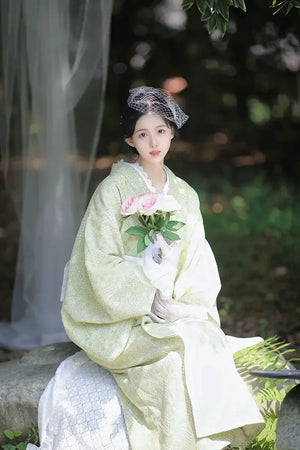 High-end lace Taisho Roman style modified kimono retro dress avocado green - Yandan_Hanfu
