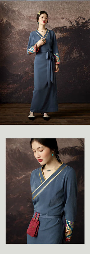 “Mist Blue” Brocade Dress — Refined Tibetan-Inspired Silhouette with Oriental Elegance - Yandan_Hanfu