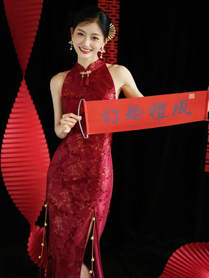 "Jubilee Bell" Red Cheongsam Shawl Bridal Toast Engagement Dress - Yandan_Hanfu