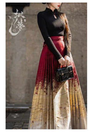 Lunar Spring River – Red Hanfu Maxi Skirt Set, New Chinese Style 6-Meter Hem Mamian Skirt with Knit Top & Wool Coat - Yandan_Hanfu