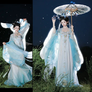 Tang Dynasty | Princess Ensemble: Embroidered Chest-length Wrap Skirt & Flowing Blue Big-sleeved Dress - Yandan_Hanfu