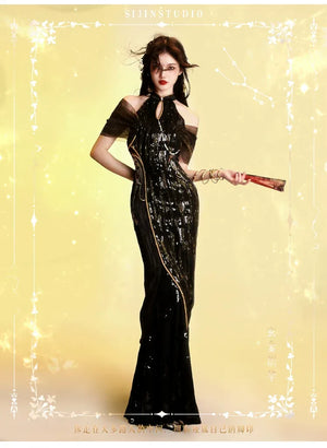 Aries Goldflow – Textured Satin Mermaid Qipao Dress from the Zodiac Collection - Yandan_Hanfu