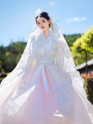 White&Pink hanbok Korean dress for women featuring high-end embroidery, ideal for celebrities and court-style daily performances.