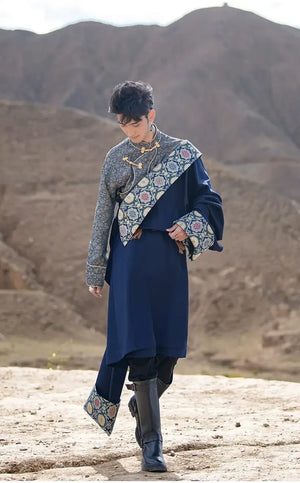 Blue Tibetan Men's Robe – Traditional Winter Coat with Ethnic Style and Modern Elegance - Yandan_Hanfu