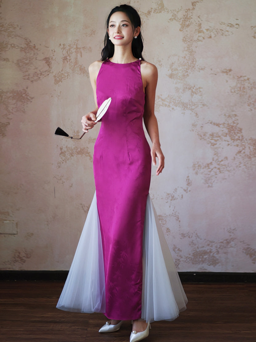 "Rose Hairpin" Dragon Fruit Color Piece Cheongsam Bridal Wedding Dress Engagement