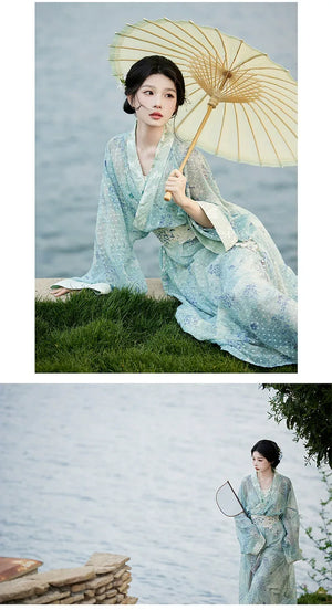 Whisper of Spring – Embroidered Blue Hanfu Dress with Waist Sash | Elegant Straight-Cut Robe in New Chinese Style - Yandan_Hanfu