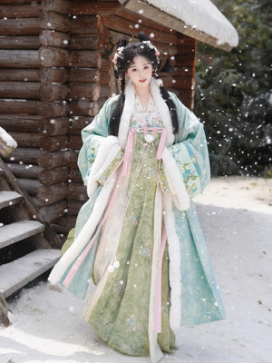Verdant Atelier – Winter Tang-Style Hanfu Set with Cloak, Cross-Collar Top & Qi-Chest Skirt - Yandan_Hanfu