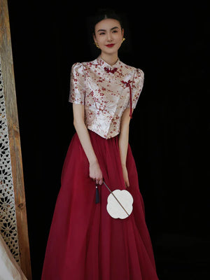 "Mei Xue Gauze Dress Set" Bridal Red Engagement Dress Cheongsam Xiuhe Dress - Yandan_Hanfu