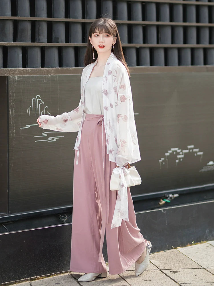 Dreifarbiges modernes Hanfu-Kurzhemd im Song-Stil und Song-Hosen Hanfu für Damen im Sommer