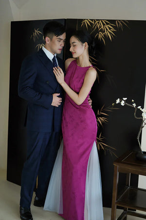 "Rose Hairpin" Dragon Fruit Color Piece Cheongsam Bridal Wedding Dress Engagement - Yandan_Hanfu