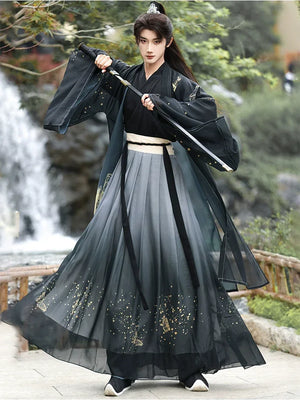 Golden Steps – Ink Bamboo & Butterfly Traditional Hanfu | Unisex Wei-Jin & Song Style Cross-Collar Wide-Sleeve Set - Yandan_Hanfu