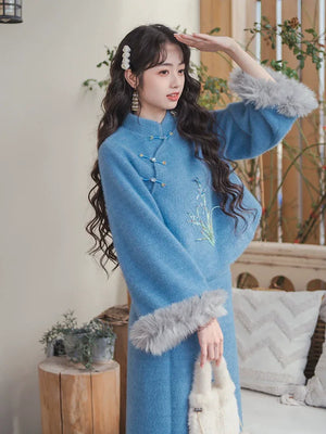Blue Orchid Modern Qipao Tow piece Set – Winter Chinese Style Outfit - Yandan_Hanfu
