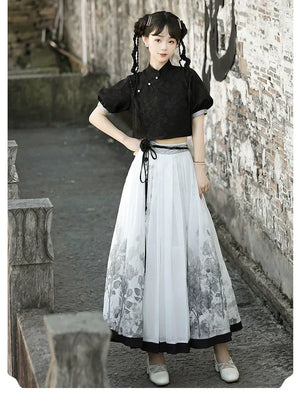 New Chinese style black top shirt print skirt set spring and summer - Yandan_Hanfu