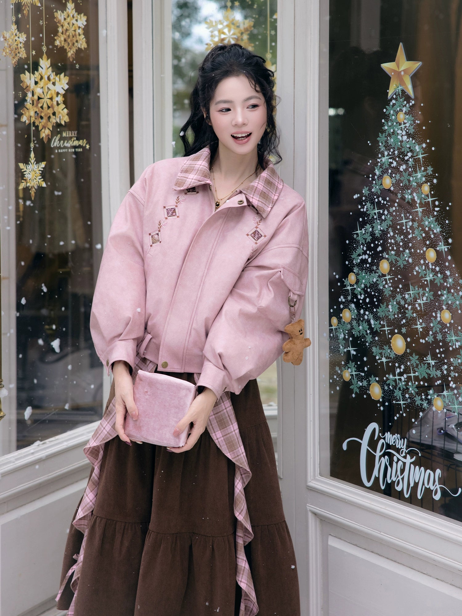 “Cinnamon Latte” – Winter Down Jacket & Skirt Set | Faux Leather Finish