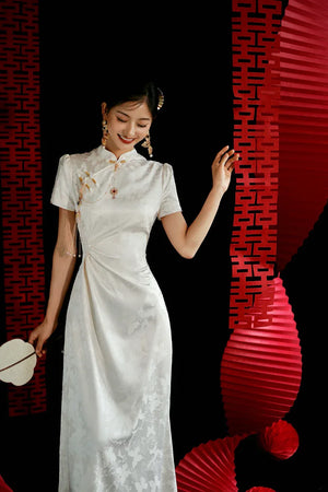 "Kite Butterfly" White Jacquard Cheongsam Bridal Toast Dress Engagement Dress - Yandan_Hanfu