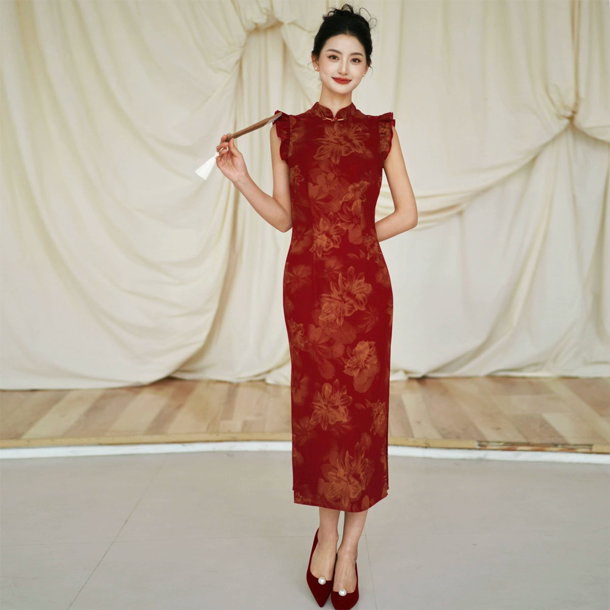 Lotus Step – Red Mermaid Qipao for Wedding, Engagement & Tea Ceremony
