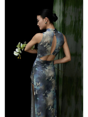 Elegant Modern Chinese-Style Blue Qipao Dress – Vintage-Inspired Long Cheongsam - Yandan_Hanfu