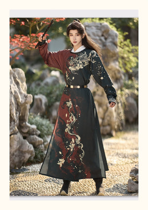 Golden Fish Over the Desert – Tang-Inspired Round Collar Hanfu Coat with Plush Fur Trim (Unisex Winter Set) - Yandan_Hanfu