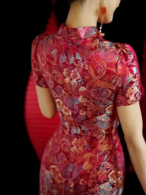 Yue Xi – Red Embroidered Jacquard Qipao for Wedding, Engagement & Tea Ceremony - Yandan_Hanfu