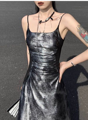 Glossy gray and silver new Chinese atmosphere Spice girl suspender dress Hot silver temperament long dress women - Yandan_Hanfu