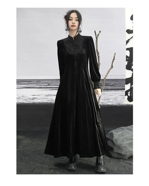New Chinese Style | Black Lace Dress Women's Stand-up Collar Waist Slimming Long Skirt - Yandan_Hanfu