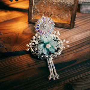 Korean traditional ethnic headgear with crystal floral design and pearl accents, ideal for Korean princess hair accessories collection.