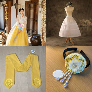White purple Korean female high-end genuine Yanji court hanbok with yellow skirt and floral embroidery, modeled in traditional Korean setting.