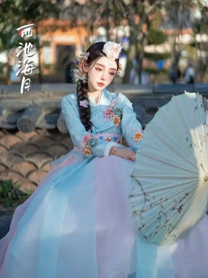 Blue Hanbok three-dimensional flower Korean clothes Yanji clothing - Yandan_Hanfu