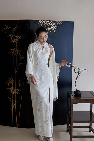"Qianzhi" white embroidered shawl showing thin backless cheongsam bride wedding dress toast engagement - Yandan_Hanfu
