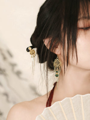 Su Mask Ear Clips - Hanfu Gold Tassel Earrings styled on model with fan and traditional updo, highlighting long classic design and green accents.