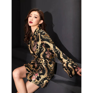 Sophisticated jacquard Cheongsam blazer dress with floral and gold accents.