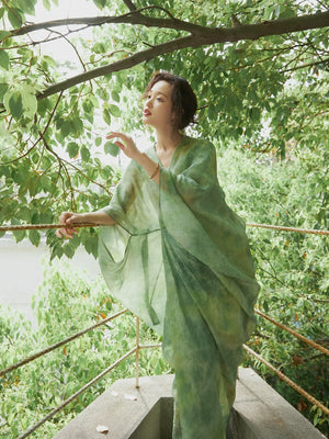 100% Ramie Modern Chinese Dress – Green Tie-Dye Print with Loose Silhouette & Camisole Layer - Yandan_Hanfu