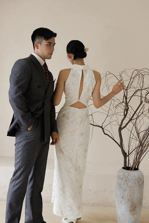 "Qianzhi" white embroidered shawl showing thin backless cheongsam bride wedding dress toast engagement - Yandan_Hanfu