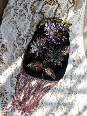Embroidered Butterflies Black Bag | Canvas Crossbody with Beaded Chain - Yandan_Hanfu