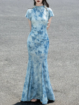 Azure Porcelain – Blue Velvet Mermaid Dress | New Chinese Style Gown with Sheer Mesh and French Elegance - Yandan_Hanfu