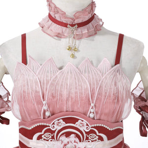 Close-up of bodice on Red Hanfu Dress New Chinese Feather Rust Waist Seal Suspender Skirt with lotus petal design and choker.