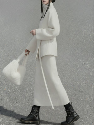 Hydrangea Ivory – Wool Cross-Collar Jacket & Straight Skirt Set | Soft Elegant New Chinese Style Outfit - Yandan_Hanfu