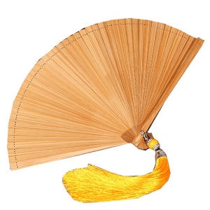Natural bamboo folding fan with yellow tassel, lightweight and ideal for Hanfu dance. Full bamboo construction for graceful movement.