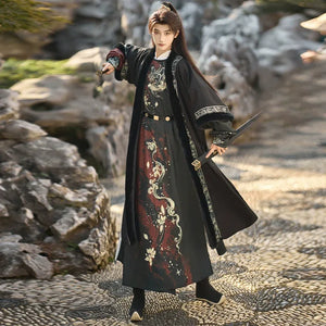 Golden Fish Over the Desert – Tang-Inspired Round Collar Hanfu Coat with Plush Fur Trim (Unisex Winter Set) - Yandan_Hanfu